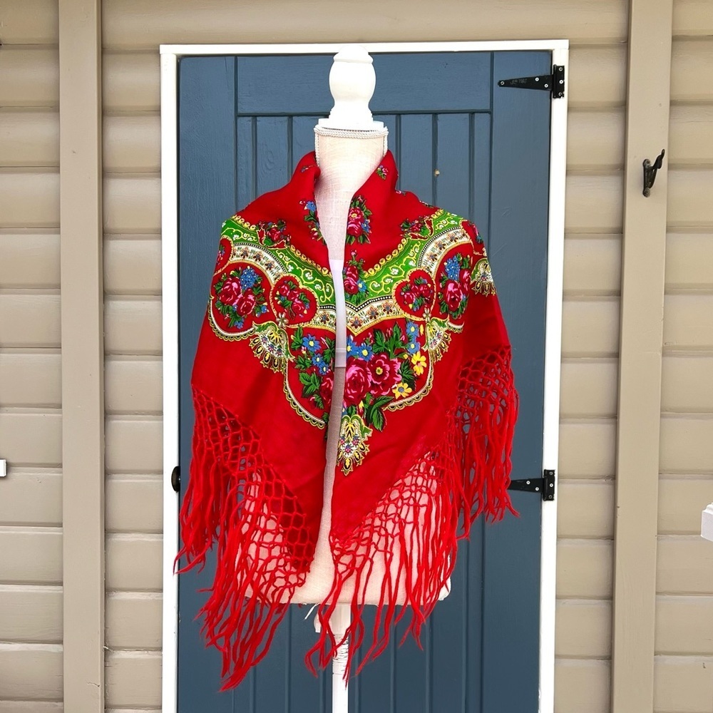 Vibrant Red Fringed Scarf with Colorful Patterns